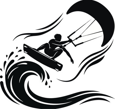 Kitesurfer riding ocean wave with large kite in black and white vector silhouette