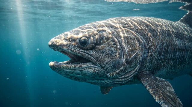 leedsichthys underwater close up at morning light in jurassic ocean video