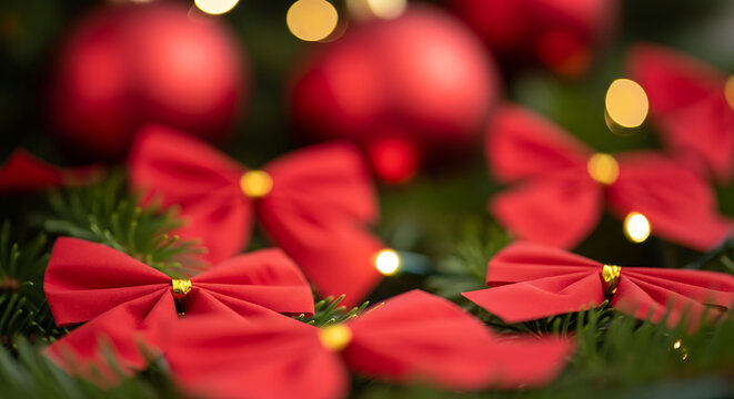 Close-up red poinsettia flower with bokeh lights