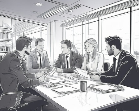 Business team discussing project strategy in meeting room