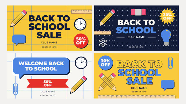 A colorful vector illustration showcases a 2x2 grid of back to school sale promotional graphics with school supplies