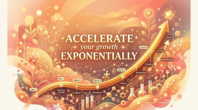 Abstract illustration symbolizing exponential growth and success with golden upward arrow, scientific elements, and inspirational text