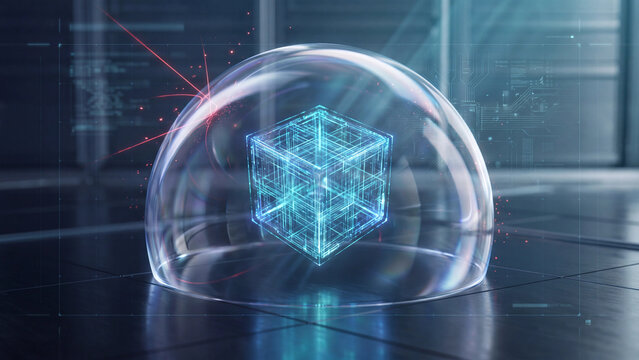 Cube hologram glows inside a transparent protective glass dome structure within a modern digital space.