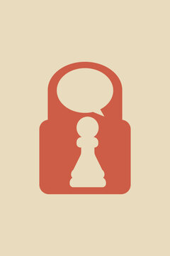 Chess pawn inside a lock with a speech bubble representing secure business communication, strategic confidentiality, and protected negotiation ideas
