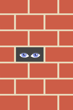 Curious eyes peeking through a red brick wall representing corporate espionage, market surveillance, hidden opportunities, and secret competitive strategy intelligence