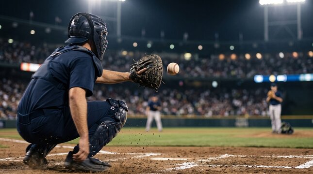 Professional baseball batter in white uniform hitting ball with wooden bat during night stadium game. Dynamic action shot with impact, crowd, floodlights and home run concept.