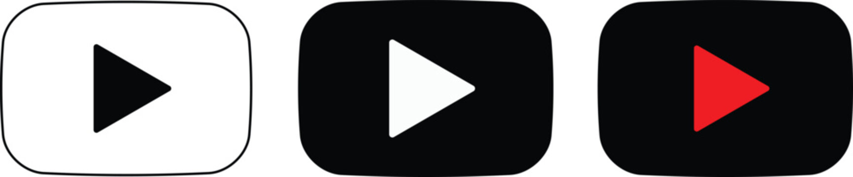 Three rounded rectangular player featuring black and white backgrounds with black, white, and red play button triangle symbols