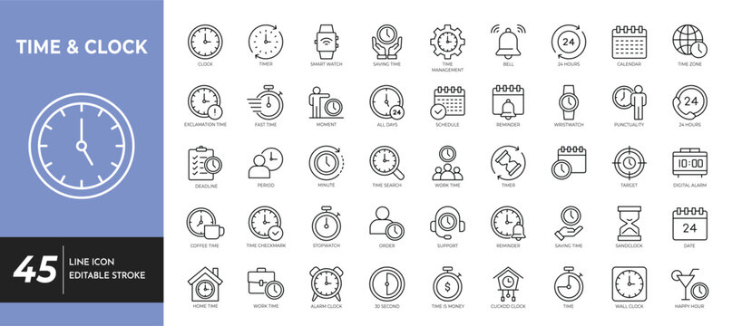 Time & Clock icon set editable stroke