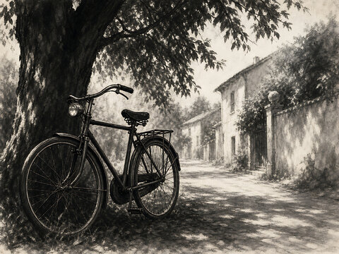 A vintage black bicycle leaning against a large tree trunk on a dirt path in front of an old stone house in a rustic countryside scene