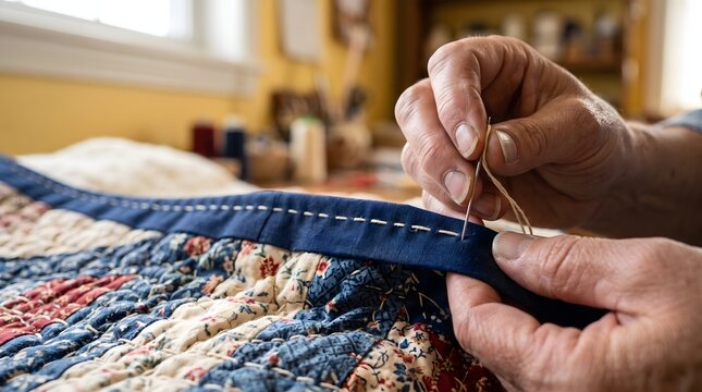 Hands of quilter stitching navy blue binding border on floral patchwork quilt with needle.