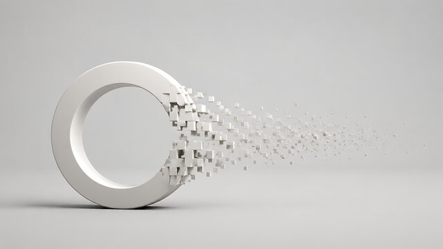 A white circular ring symbol disintegrating into small floating cubes on a plain grey background, representing digital data transformation