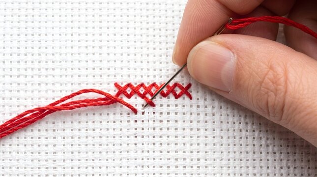 Hand sewing cross stitch pattern with red cotton embroidery thread on white canvas fabric.