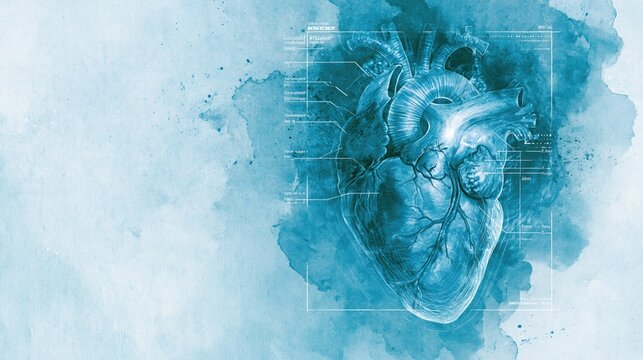Growth in Physical and Mental Health shown through a futuristic blue human heart medical technology blueprint