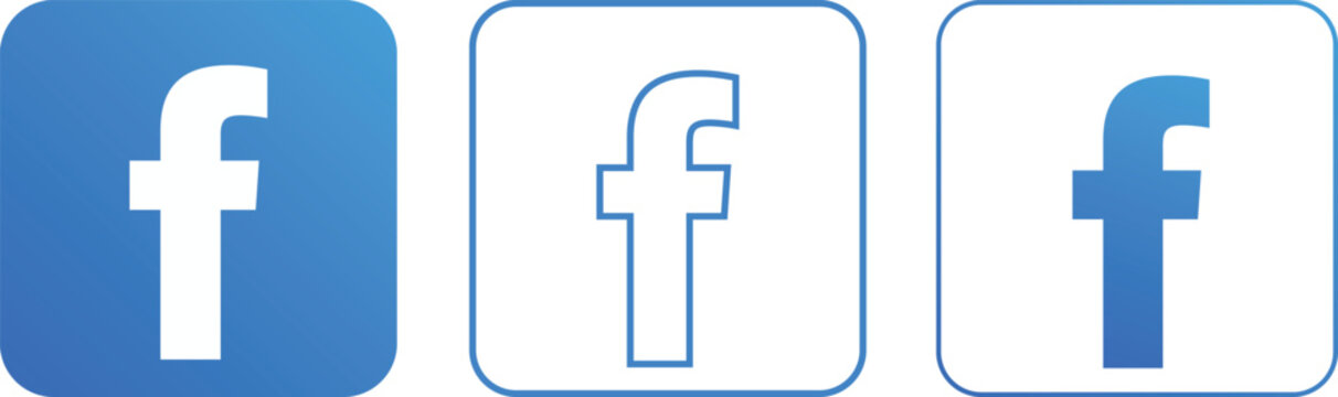 Three variations of the facebook social media featuring the letter f in a rounded square, displayed in blue gradients and white outline