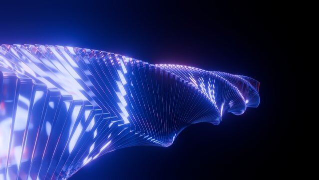 Abstract glowing glass spiral ribbon background with neon blue light refractions