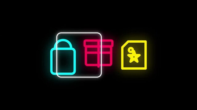 Glowing neon shopping icons and gift box highlighting animation on a dark background - 4K video