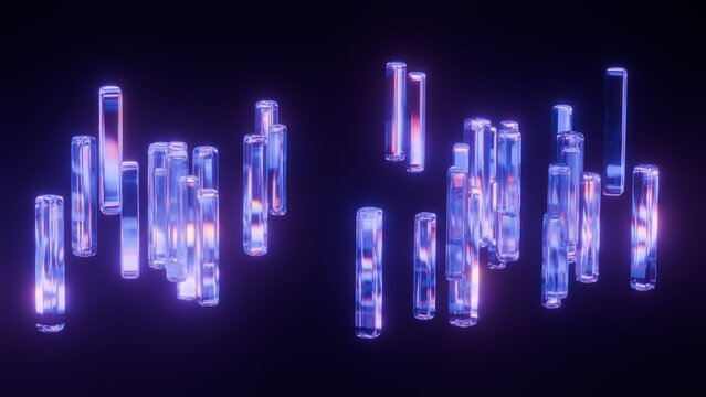 Abstract glass equalizer bars background with glowing neon blue and purple lights