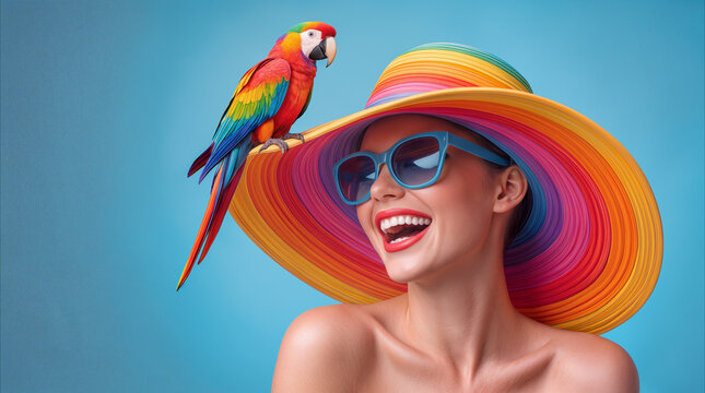 Colorful macaw parrot perched on wide brim of rainbow hat worn by laughing young woman. Tropical vacation and summer travel concept.