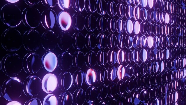 Angled view abstract glowing purple LED circle glass matrix texture background