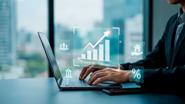 Businessman analyzing real estate market growth and property investment trends using futuristic holographic data visualization on a laptop