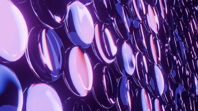 Macro perspective glass circle lenses with glowing purple neon lighting