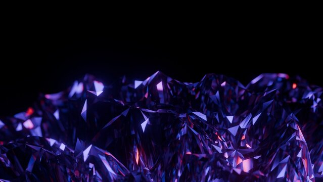Dark purple low poly crystal mountain landscape with glowing neon reflections
