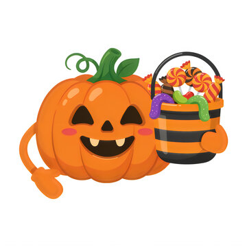 Happy cartoon pumpkin character holding a treat bucket full of colorful candies during Halloween isolated on transparent background