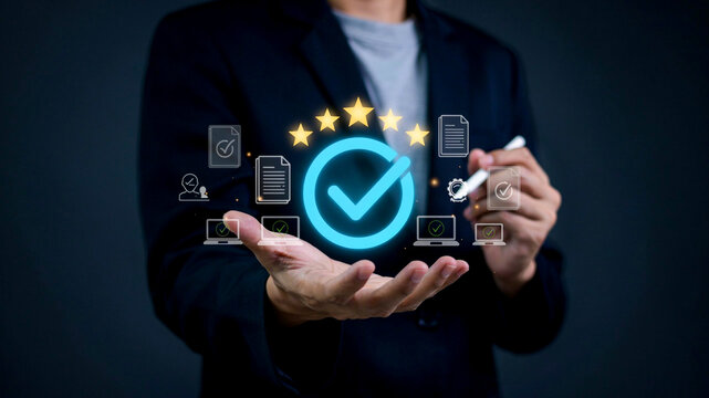 Businessman holding a digital interface showcasing a five star customer rating and quality certification checkmark for business excellence