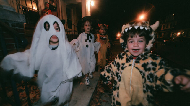 Children in Halloween Costumes Trick or Treating at Night