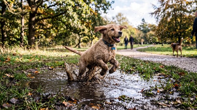 Playful Puppy Splashing in Muddy Puddle Outdoors