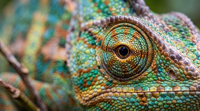 Close-Up of Colorful Chameleon Eye and Scaled Skin