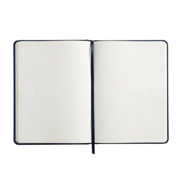Open notebook with blank cream pages and a dark blue ribbon bookmark lying flat on a white surface isolated on a transparent background
