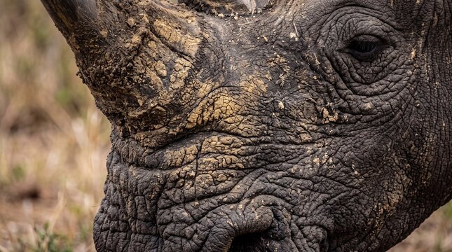 Close-Up of Rhinoceros Textured Skin and Horn
