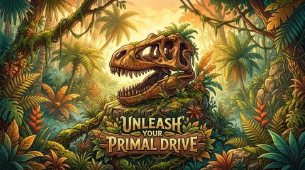 Obraz premium Ancient Dinosaur Skull Fossil Perched on Rocky Outcrop in Lush Jungle, 
