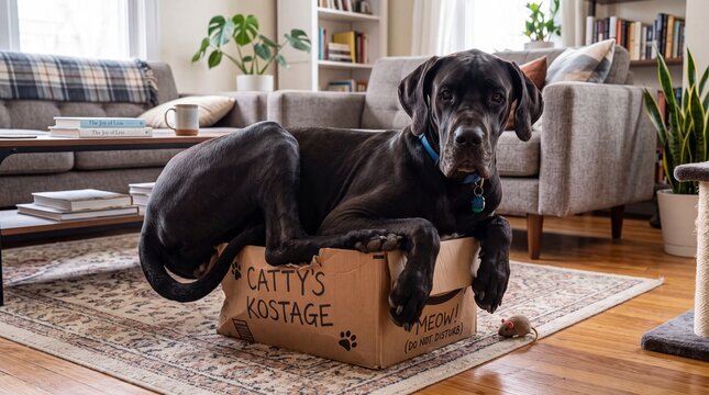Funny Great Dane Dog Sitting in Small Cardboard Box