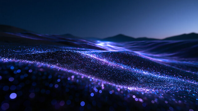 Futuristic Glowing Particle Dunes in Sci-Fi Landscape