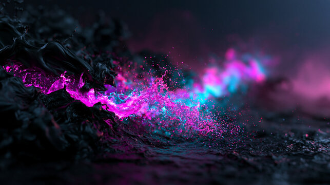 Abstract Neon Glowing Liquid Splash on Dark Textured Surface