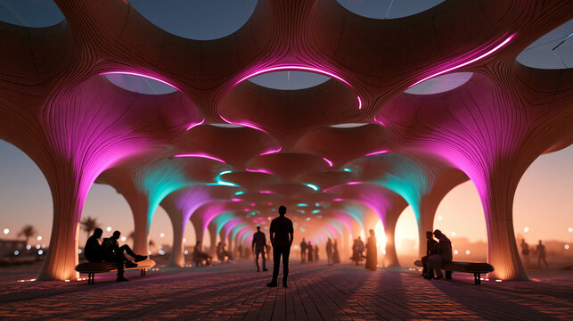 Futuristic Parametric Architectural Canopy Illuminated at Sunset