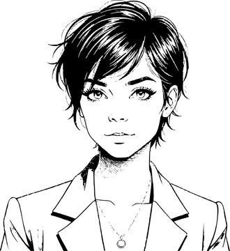 Black and white fashion illustration of a young woman with short, wavy hair, drawn with expressive ink lines and fine detail