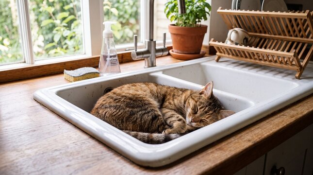 Cute Tabby Cat Sleeping Curled Up in Kitchen Sink
