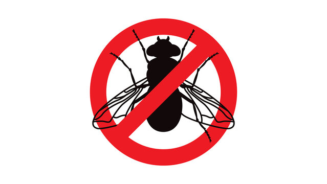 Vector graphic illustration showing a no fly sign symbol forbidding houseflies, representing pest control and sanitation 43