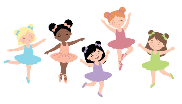Cute little ballerina girls collection flat vector illustration set with diverse kids dancing ballet in colorful dresses isolated on white