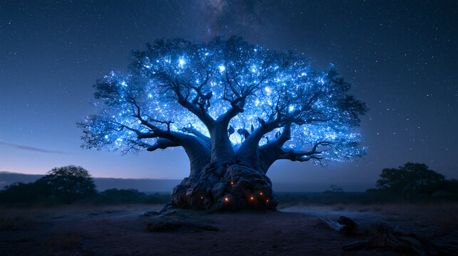 Bioluminescent Glowing Baobab Tree Under Starry Night Sky