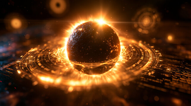 Futuristic Glowing Sphere with Digital Network Rings