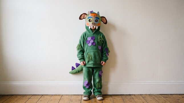 Child in a handmade green monster costume with dragon tail and mask