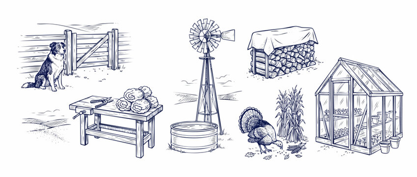 Farm life drawing illustration set featuring farm dog, wooden fence, greenhouse, windmill, workbench, turkey, and firewood stack in a detailed vintage sketch style for rural rustic lifestyle design.