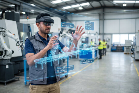 Engineer using augmented reality headset for industrial machine maintenance in a factory