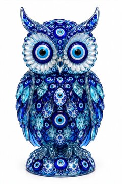 Decorative blue owl sculpture made entirely of traditional evil-eye beads, photo style, glass and porcelain art