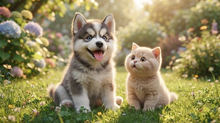Obraz premium Adorable husky puppy and fluffy kitten sitting in sunny garden. Cute baby pets on green grass with flowers. Domestic animals in nature.