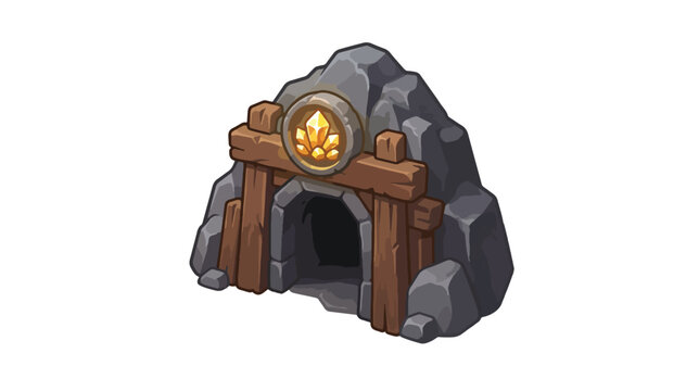 Isometric Illustration of a Fantasy Crystal Gold Mine Entrance with Wooden Supports and Dark Stone Rocks for Video Game Environments